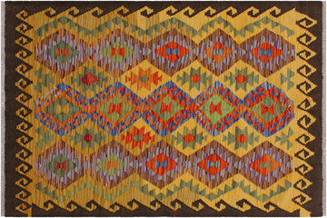 Flat Weave Kilim, Antique, Navaho, Vintage, Handmade, Geometric Kilim Brown Gold Hand-Woven Rectangle 100% Wool Area Rug 3 x 5